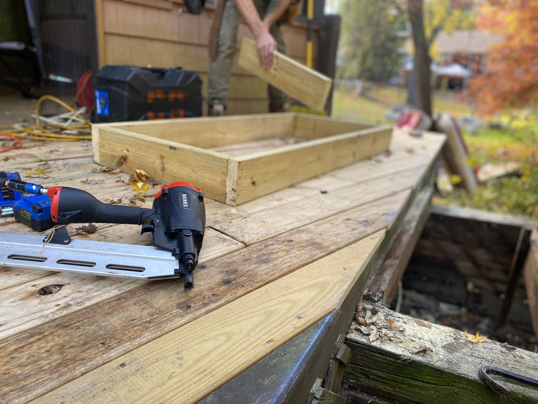 Home renovation construction with framing and structural work in progress