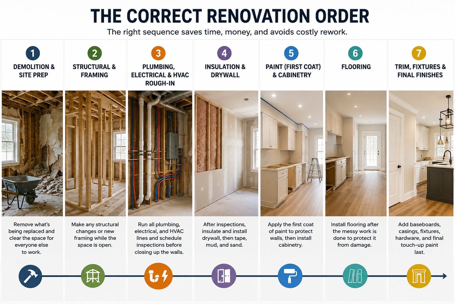 Infographic showing the seven-step correct renovation order: demolition and site prep, structural and framing, plumbing electrical and HVAC rough-in, insulation and drywall, paint first coat and cabinetry, flooring, trim fixtures and final finishes