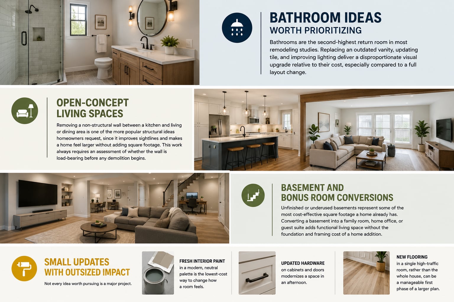 High-impact kitchen remodeling ideas including island, cabinet refacing, and layered lighting
