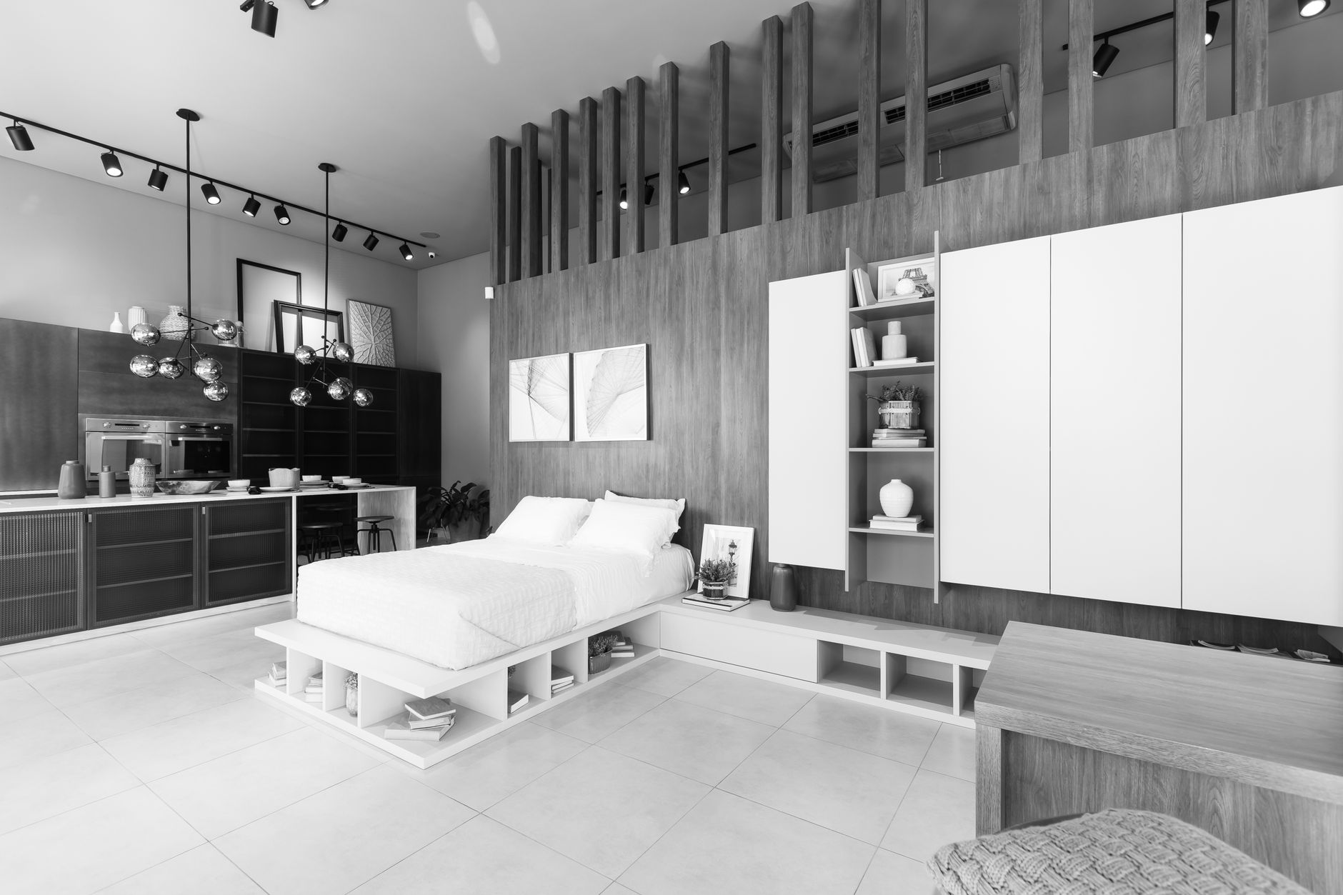 Renovated bedroom with updated flooring and lighting
